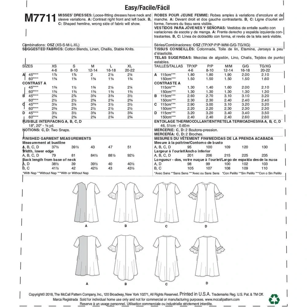 McCalls Sewing Pattern 7711 Dress Shaped Hem Misses Size XS-XL